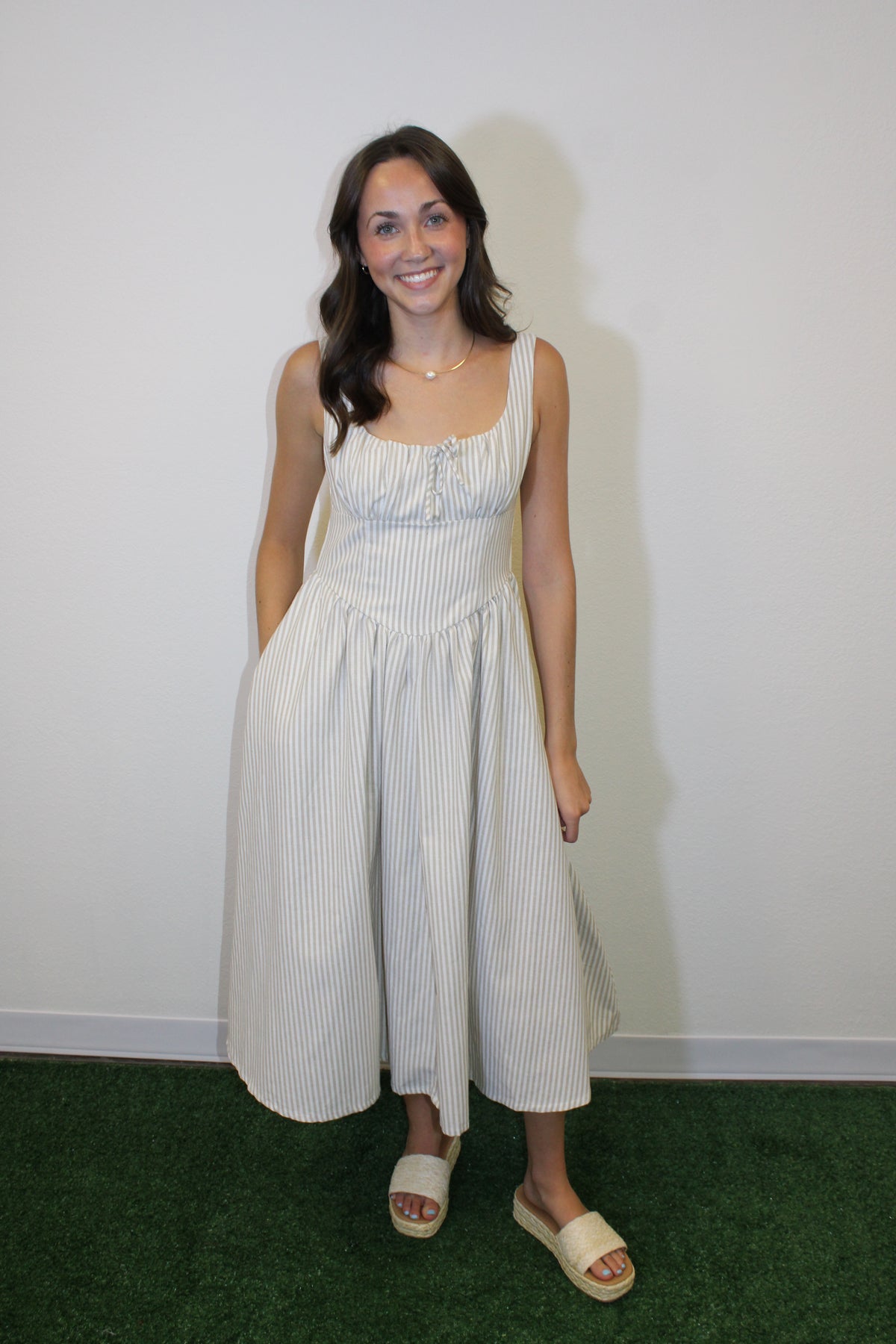 Katie Beige Striped Midi Dress