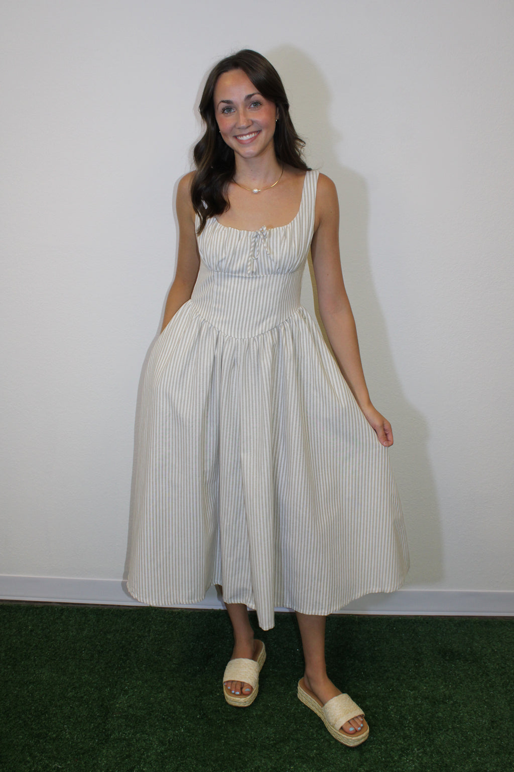 Katie Beige Striped Midi Dress