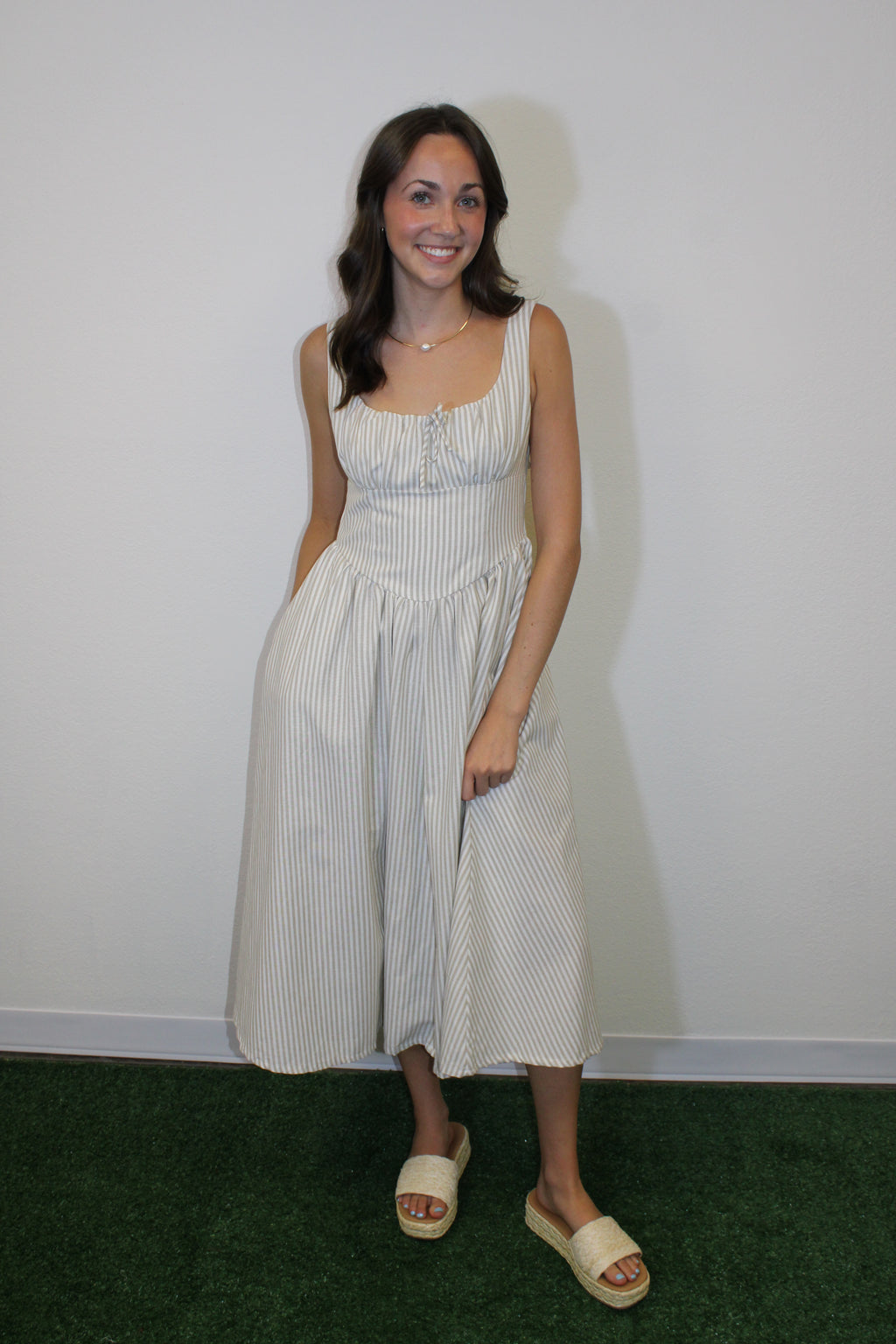 Katie Beige Striped Midi Dress