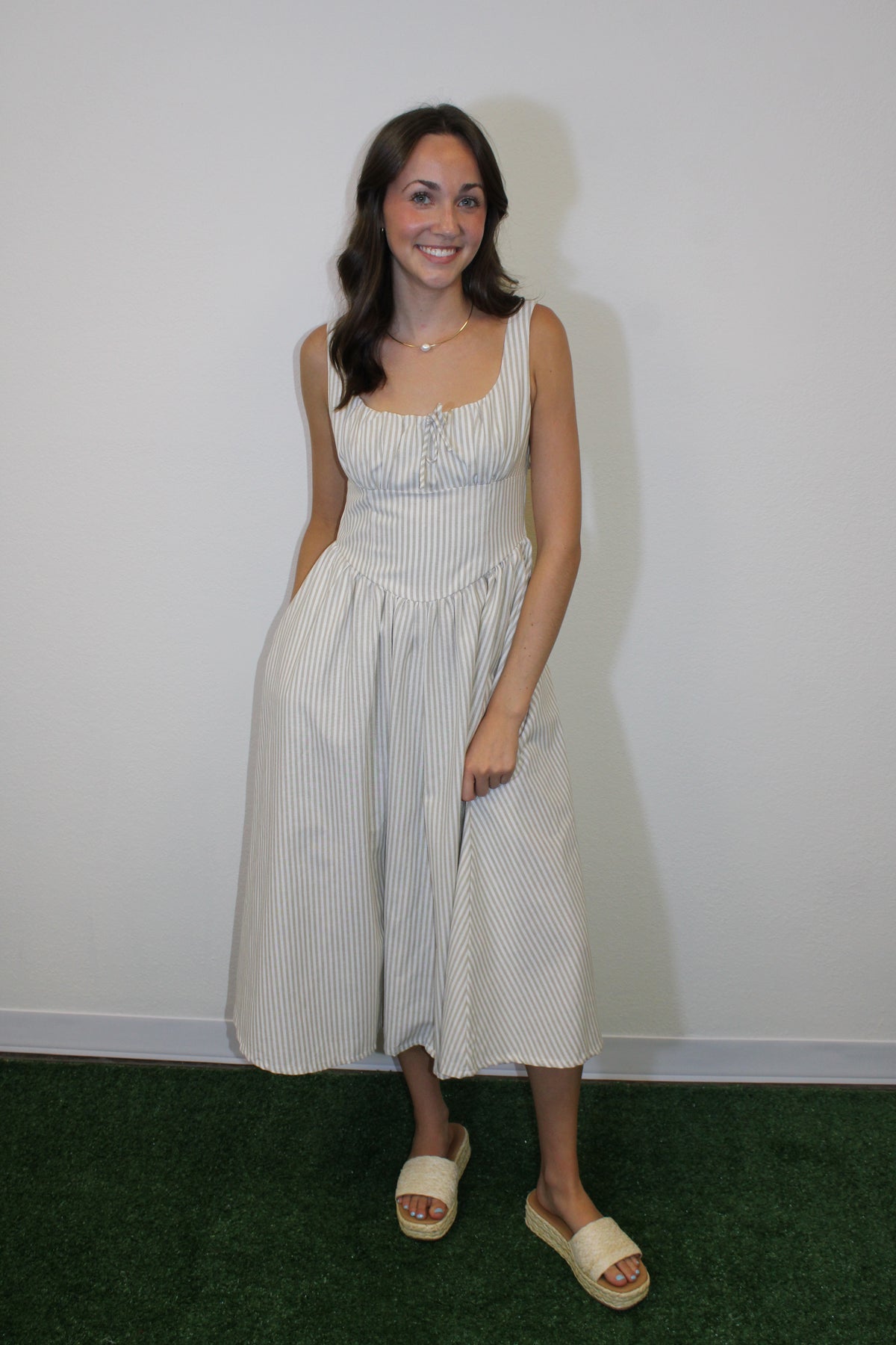 Katie Beige Striped Midi Dress