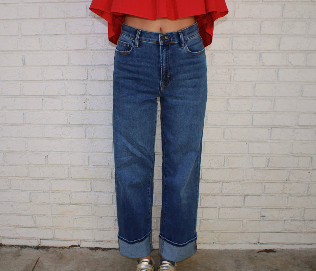 Dark Wash Cuffed Stretch Clean Dad Jean