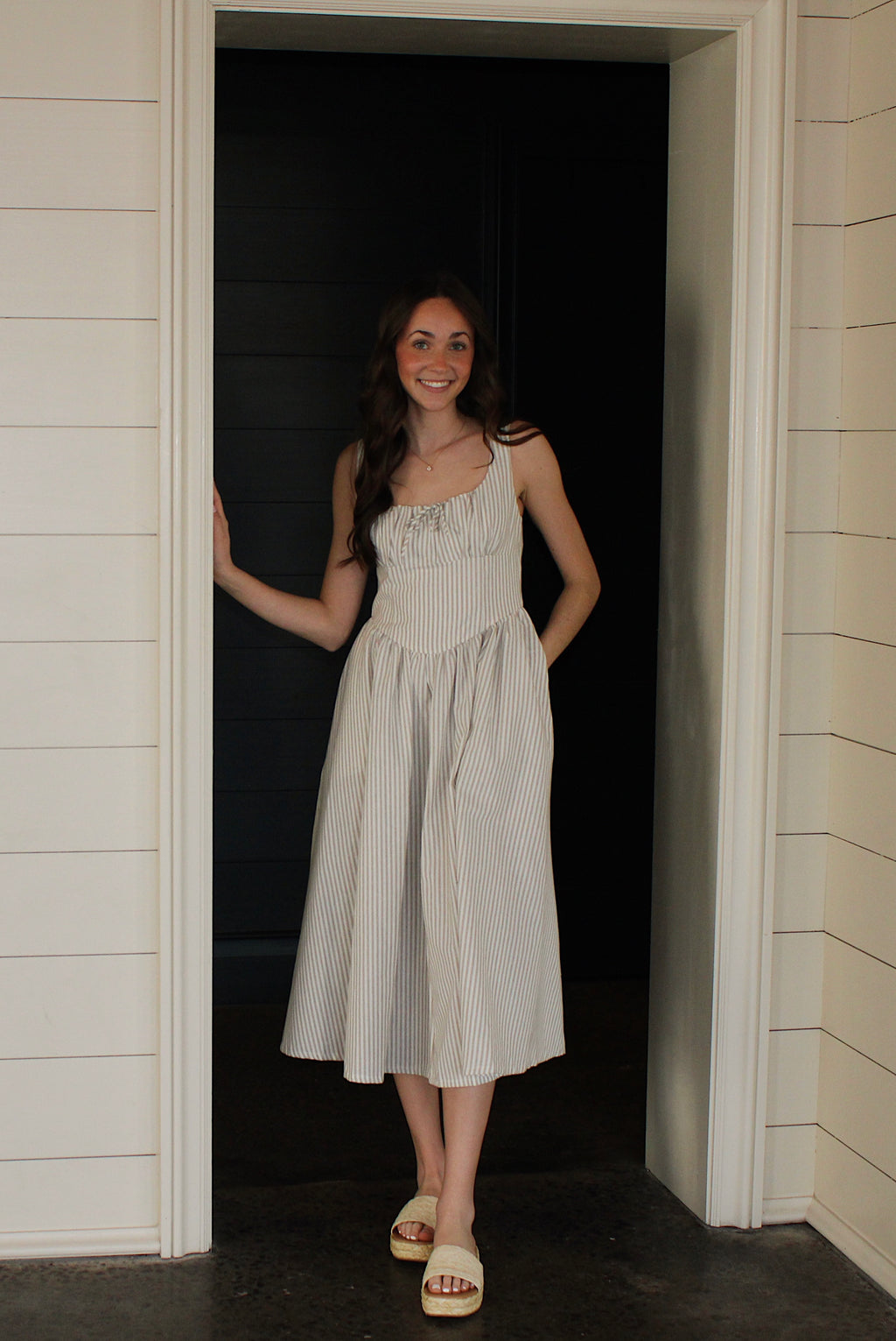 Katie Beige Striped Midi Dress