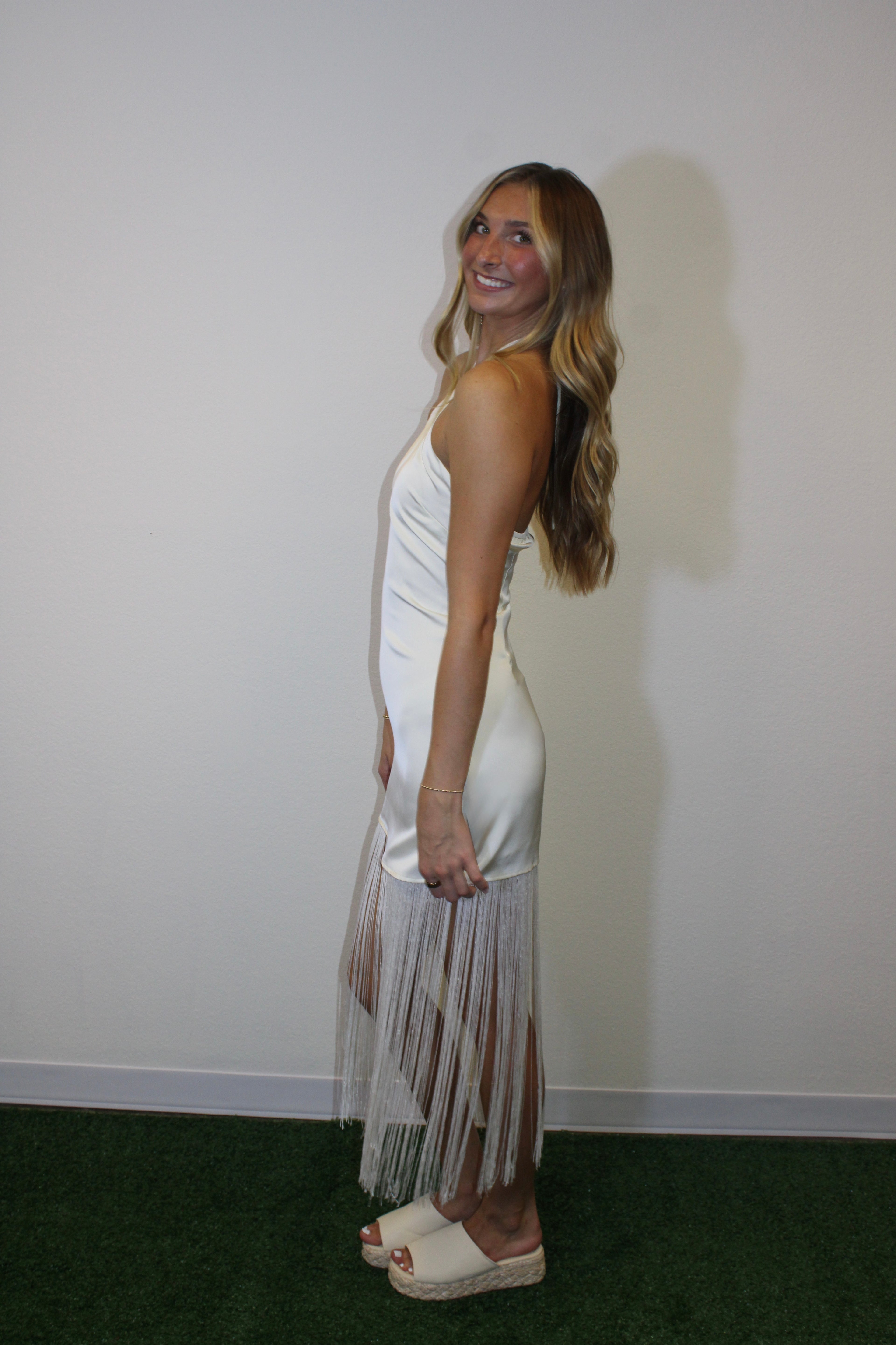 Camille Fringe Detail Halter Neck Midi Dress