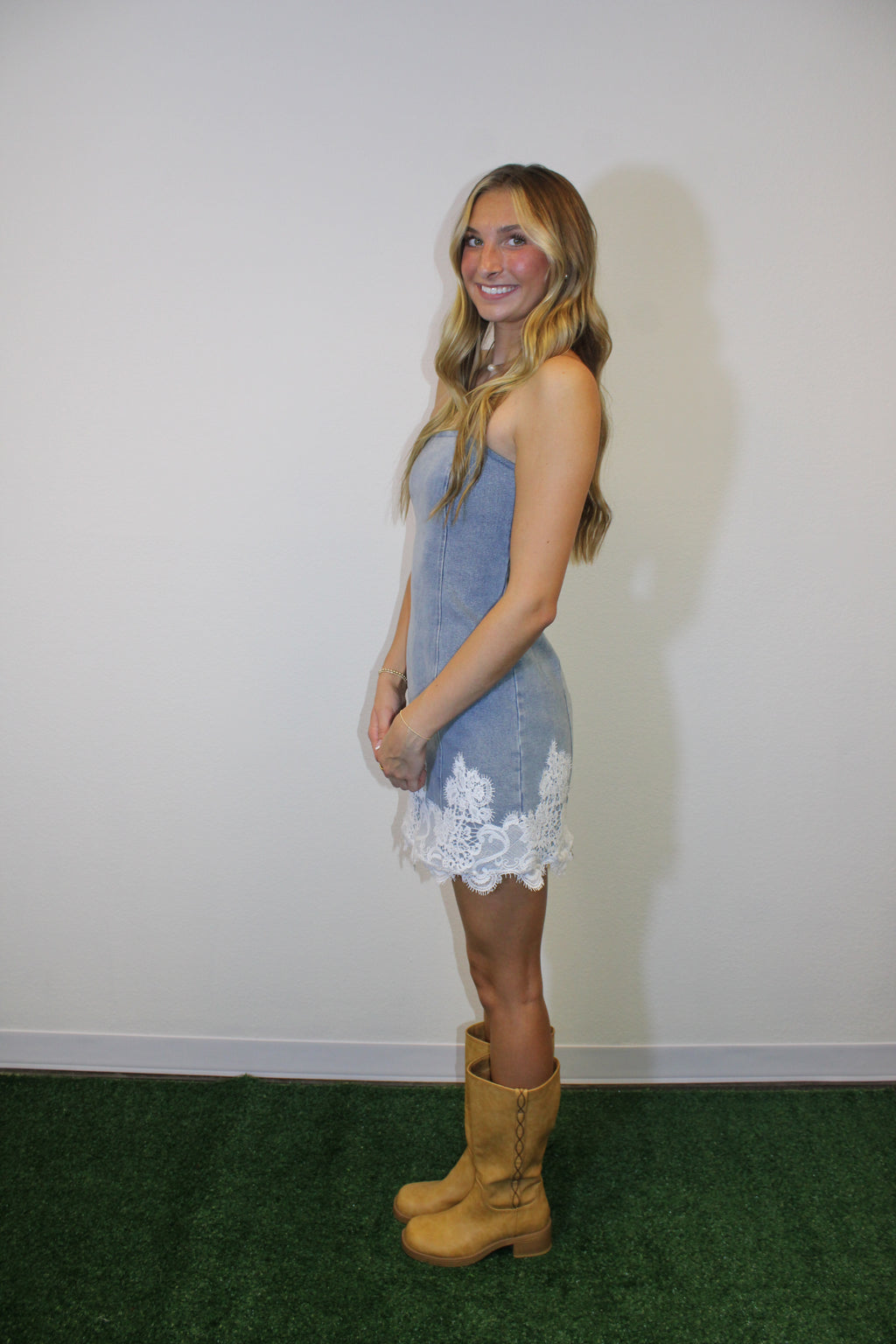 Lennox Lace Trim Denim Strapless Mini Dress