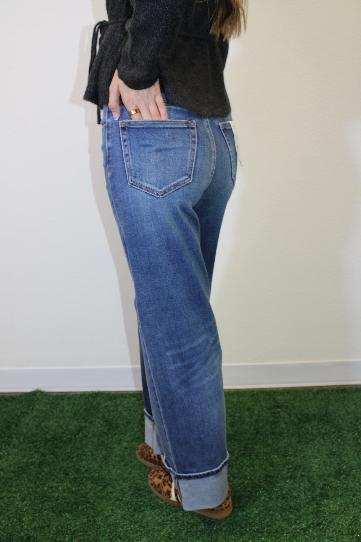 Dark Wash Cuffed Stretch Dad Jean