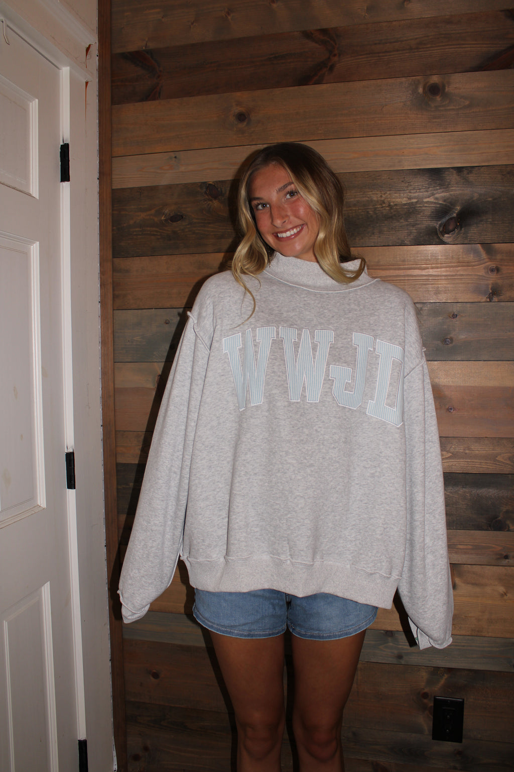 Blue Pinstripe Lettered Mockneck
